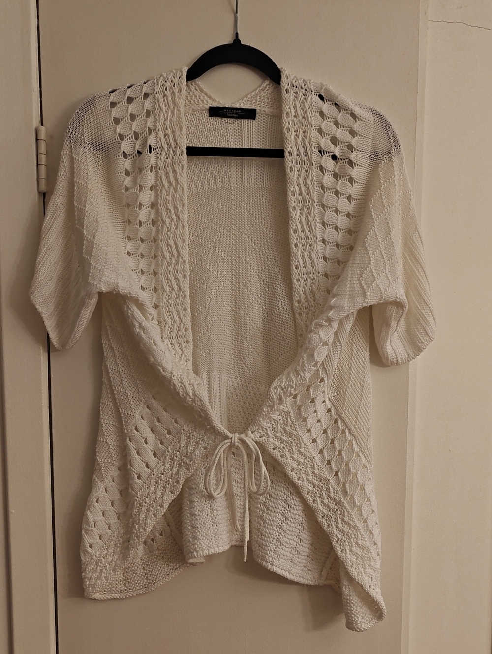 MaxMara White Cotton Openwork Knit Cardigan with Front Tie